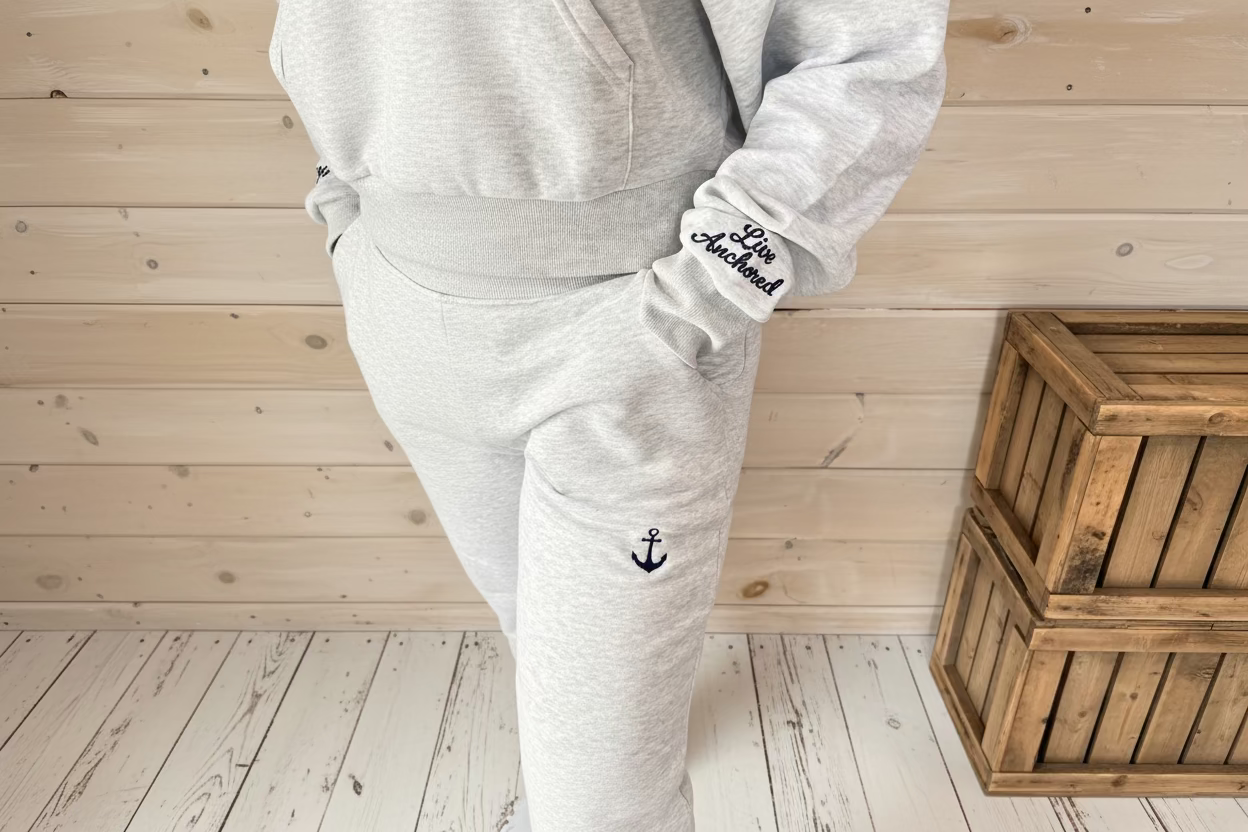Gray sweatshirt with 'Live Anchored' text on sleeve against a wooden floor background