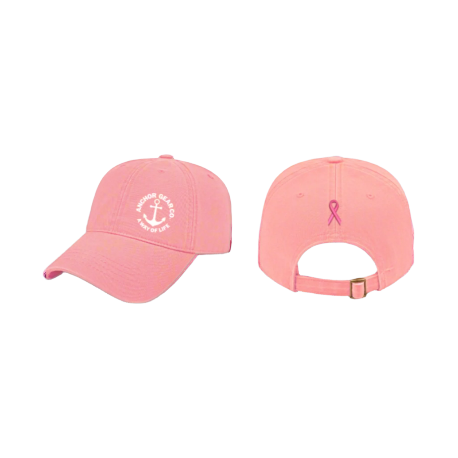 Two pink caps displaying the Anchor Gear logo and a cancer ribbon, one showing the front view and the other showing the back view with an adjustable strap.