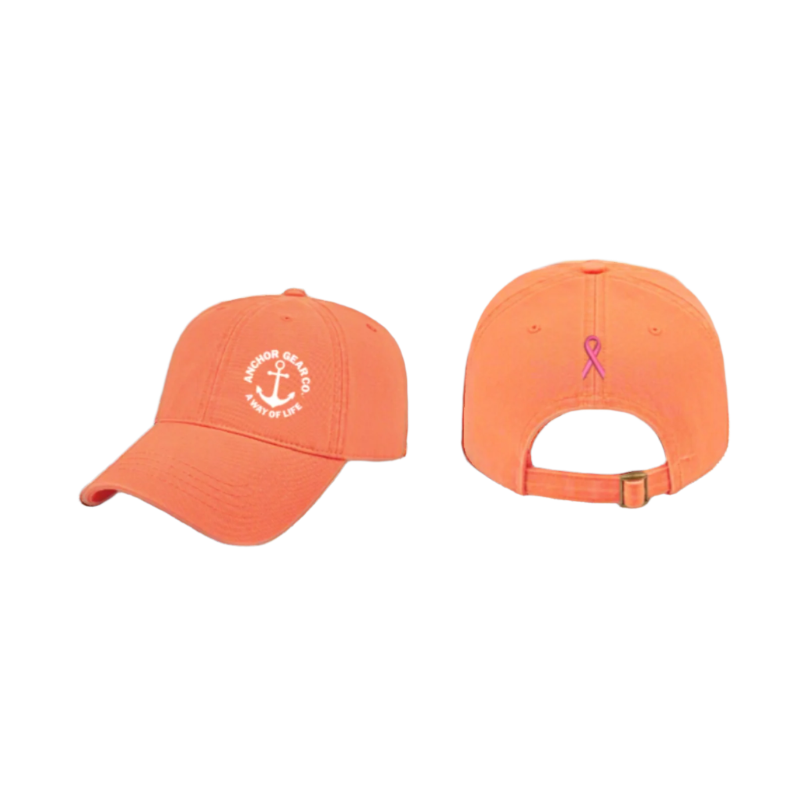 Two melon colour caps displaying the Anchor Gear logo and a cancer ribbon, one showing the front view and the other showing the back view with an adjustable strap.