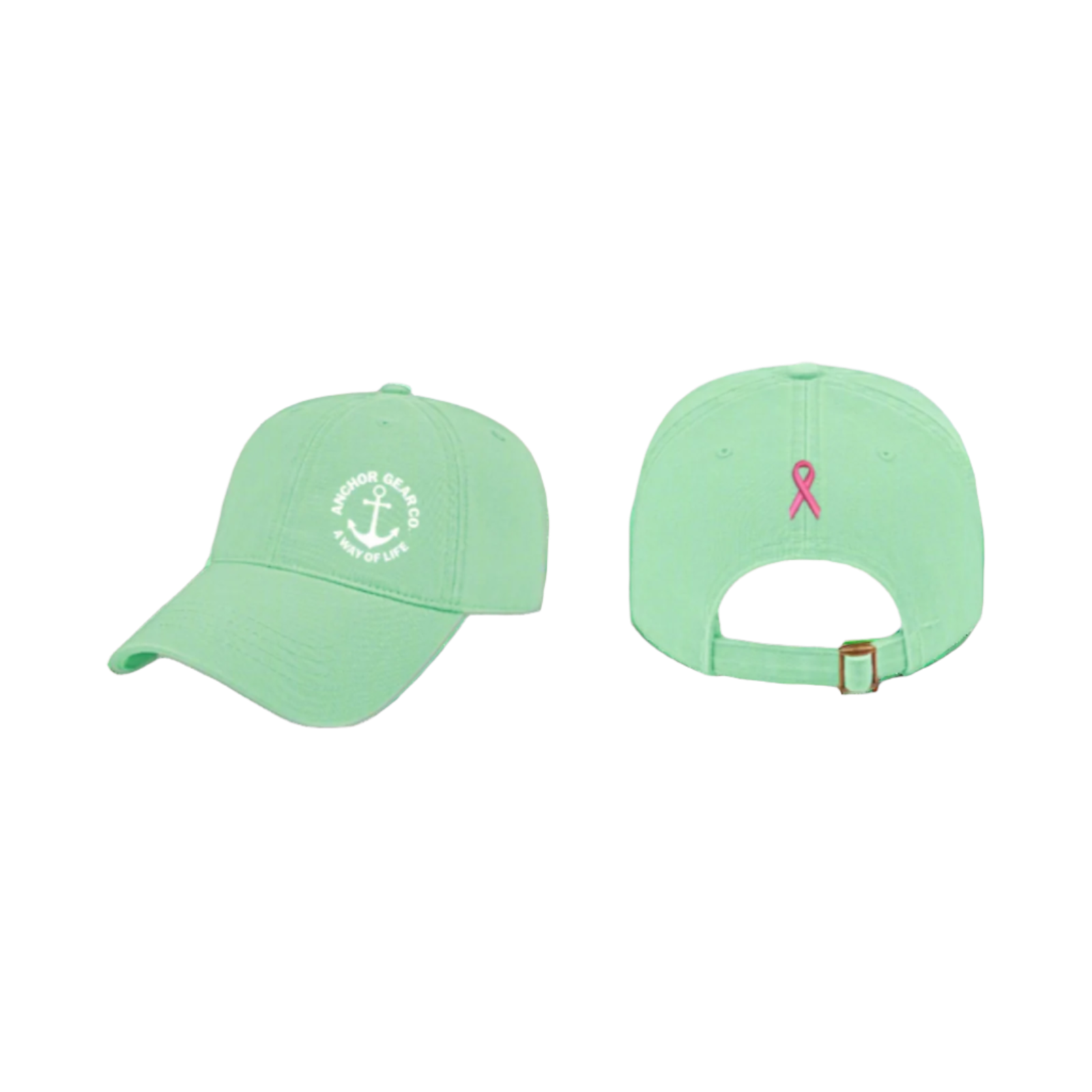 Two mint coloured caps displaying the Anchor Gear logo and a cancer ribbon, one showing the front view and the other showing the back view with an adjustable strap.