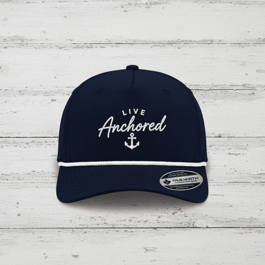 A navy blue baseball cap with white embroidered text reading 'LIVE Anchored' and an anchor graphic on the front. A white rope detail runs across the brim, and a True North sticker is visible on the side of the brim.