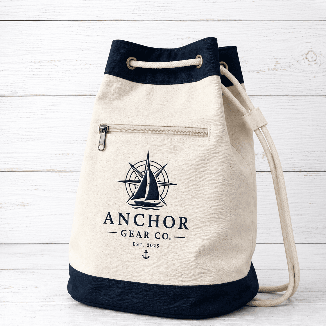 Canvas drawstring bag with navy top and bottom on a white wooden background