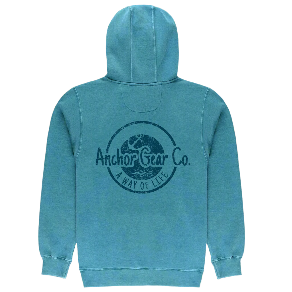 Teal hoodie with 'Anchor Gear Co.' logo on the back, set against white background.