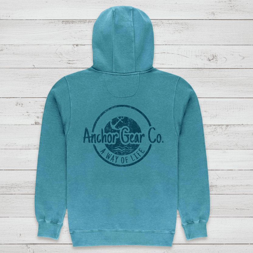 Teal hoodie with 'Anchor Gear Co.' logo on the back, set against white background.