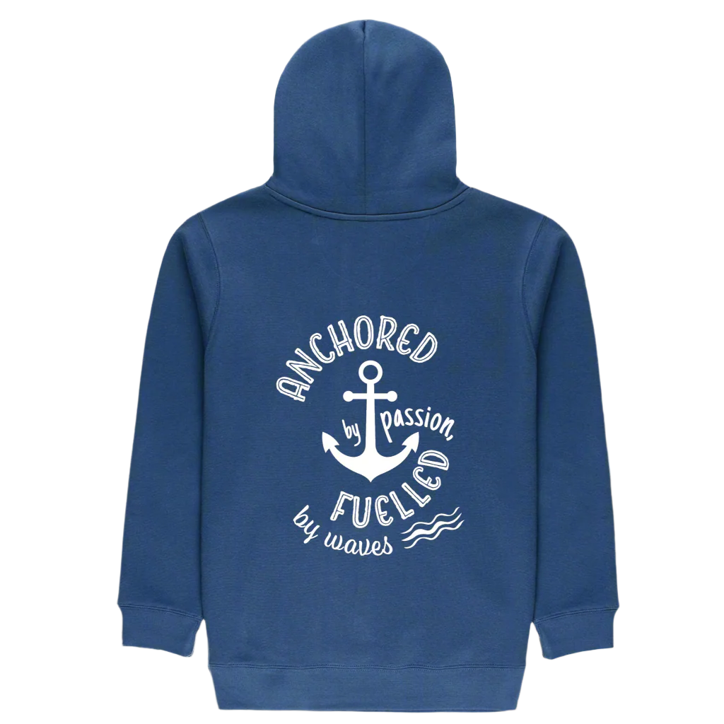 Blue hoodie with white text and anchor design on a white background