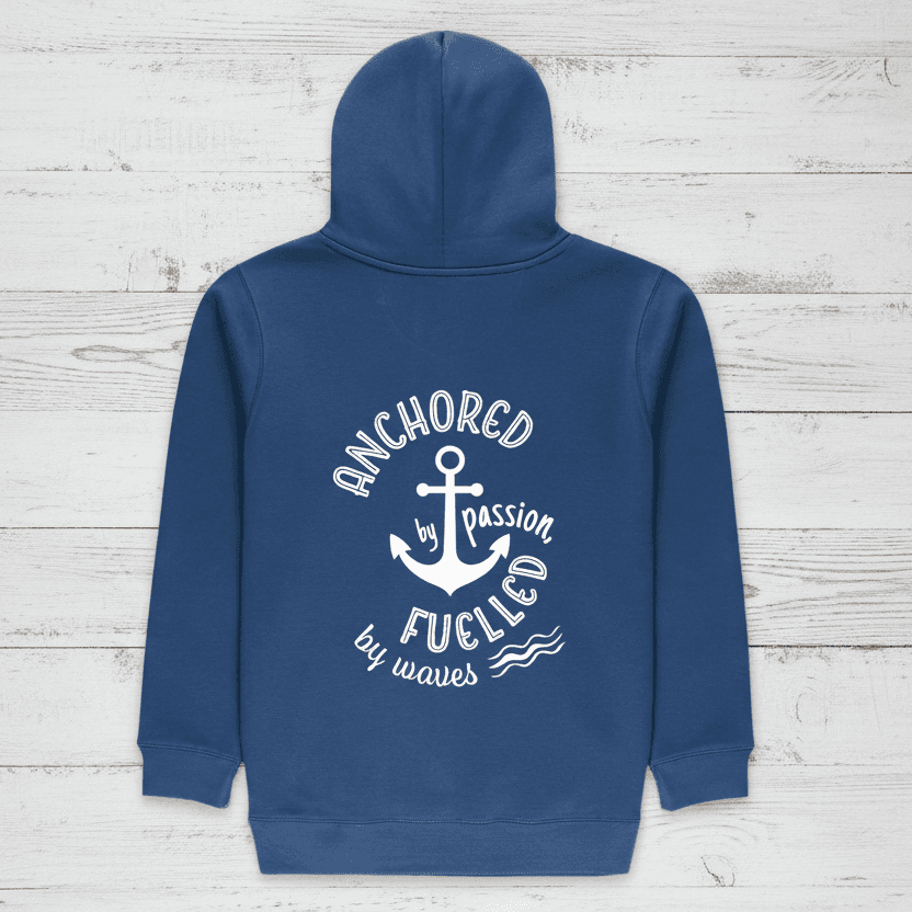 Blue hoodie with white text and anchor design on a white background