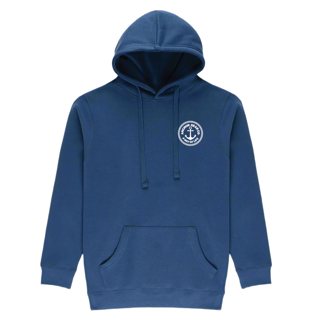 A blue denim hoodie with a front chest graphic anchor logo and a back graphic that says 'Anchored by passion, Fuelled by waves'.