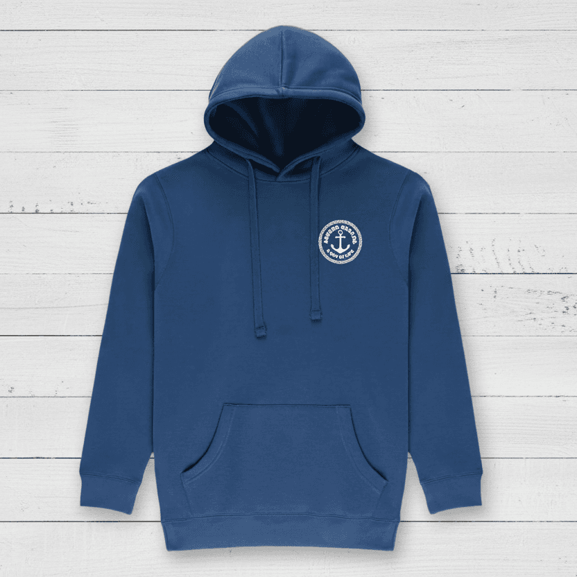 A blue denim hoodie with a front chest graphic anchor logo and a back graphic that says 'Anchored by passion, Fuelled by waves'.