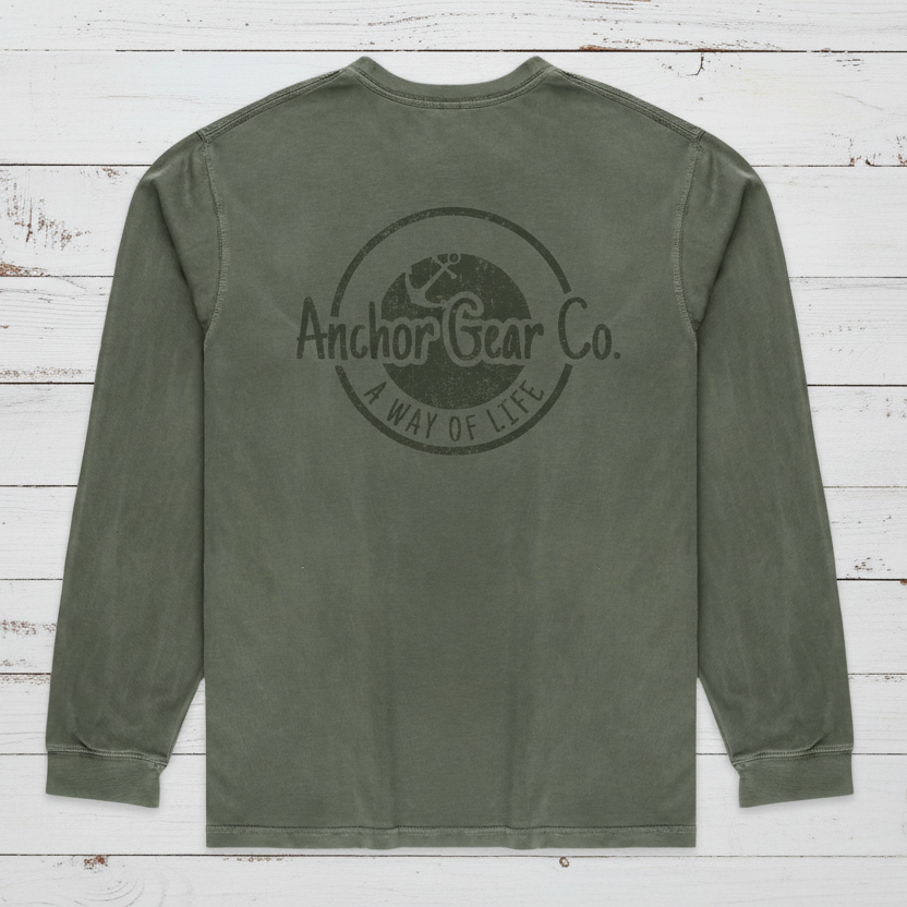 Green long-sleeve shirt with 'Anchor Gear Co.' logo on the back against a white background