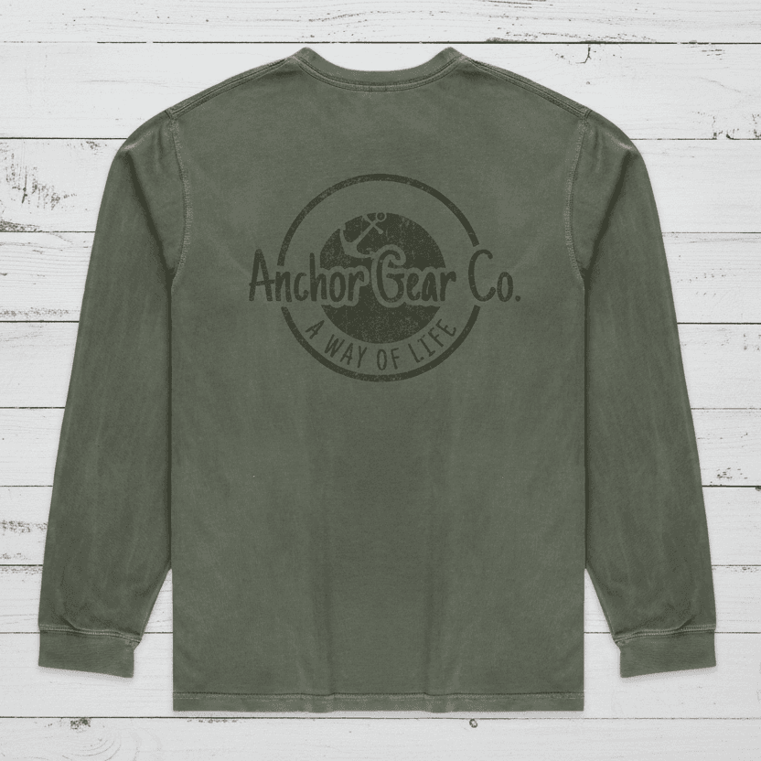 Green long-sleeve shirt with 'Anchor Gear Co.' logo on the back against a white background