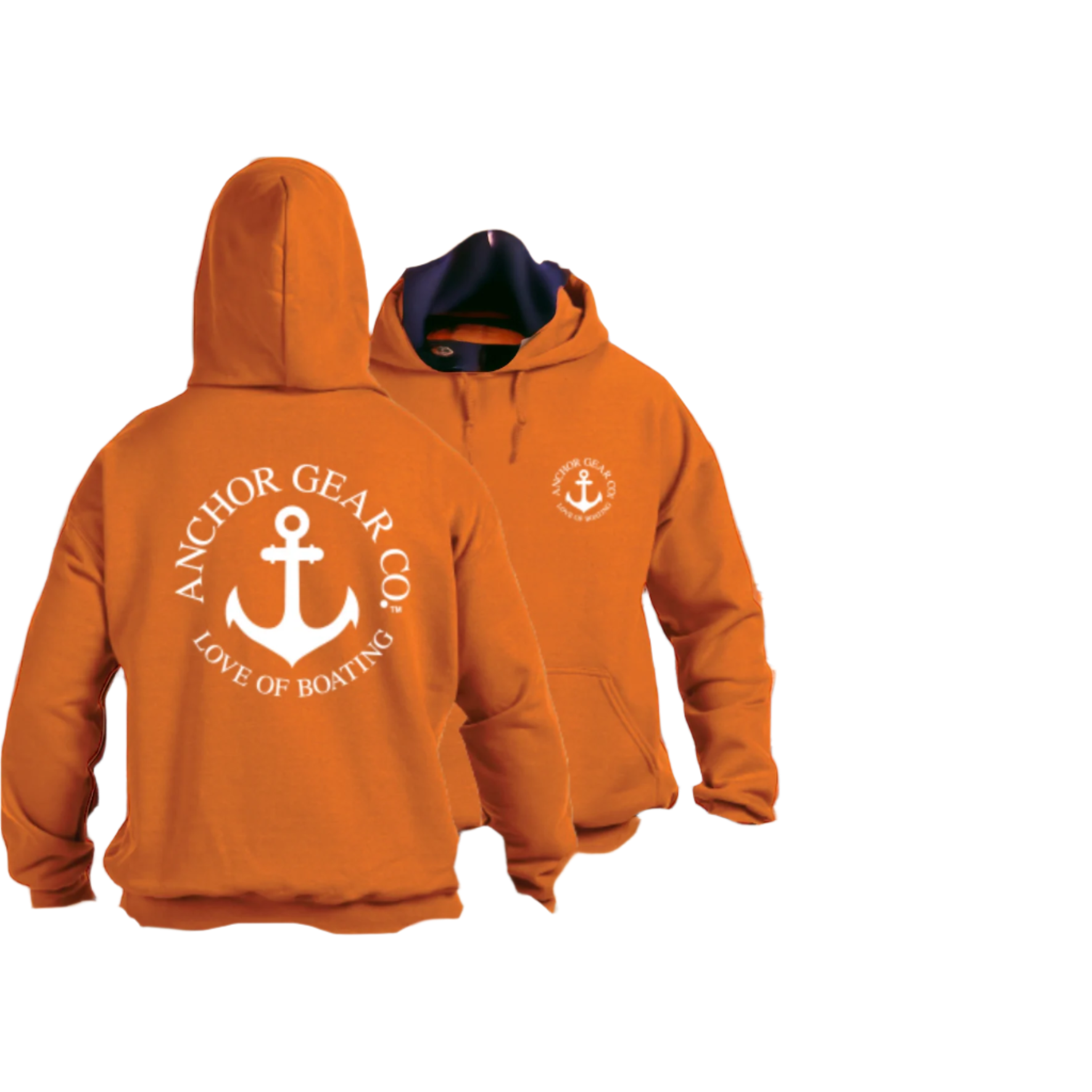 Orange hoodie with anchor design and text on a white background