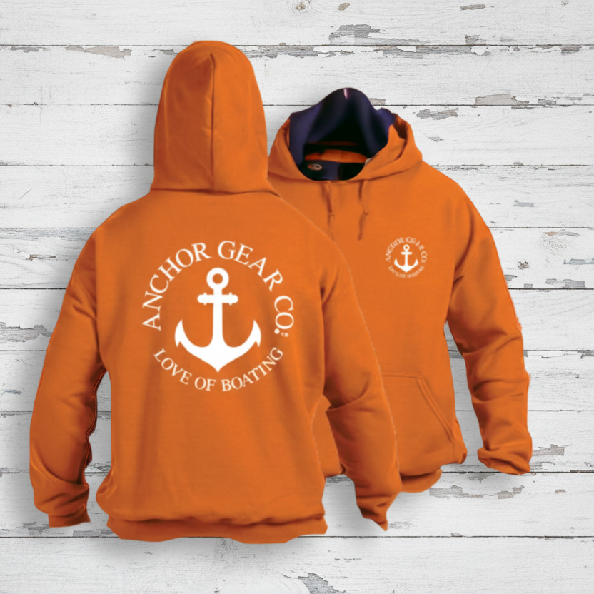 Orange hoodie with anchor design and text on a white background