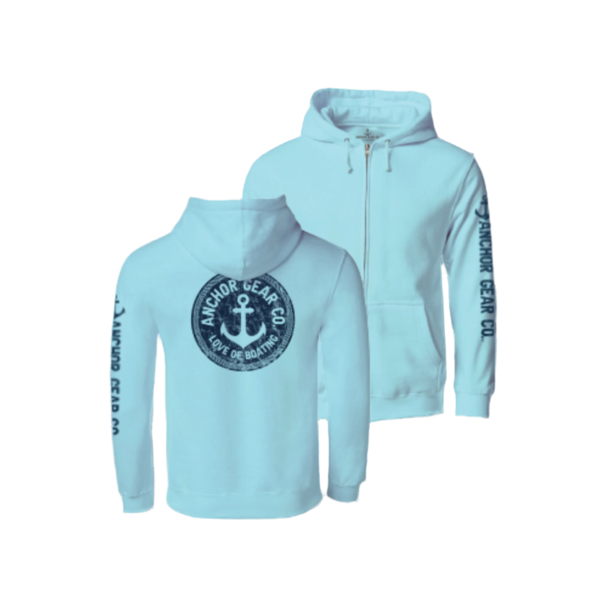 Two light blue full zip hoodies with an anchor logo on a wooden platform with a white background