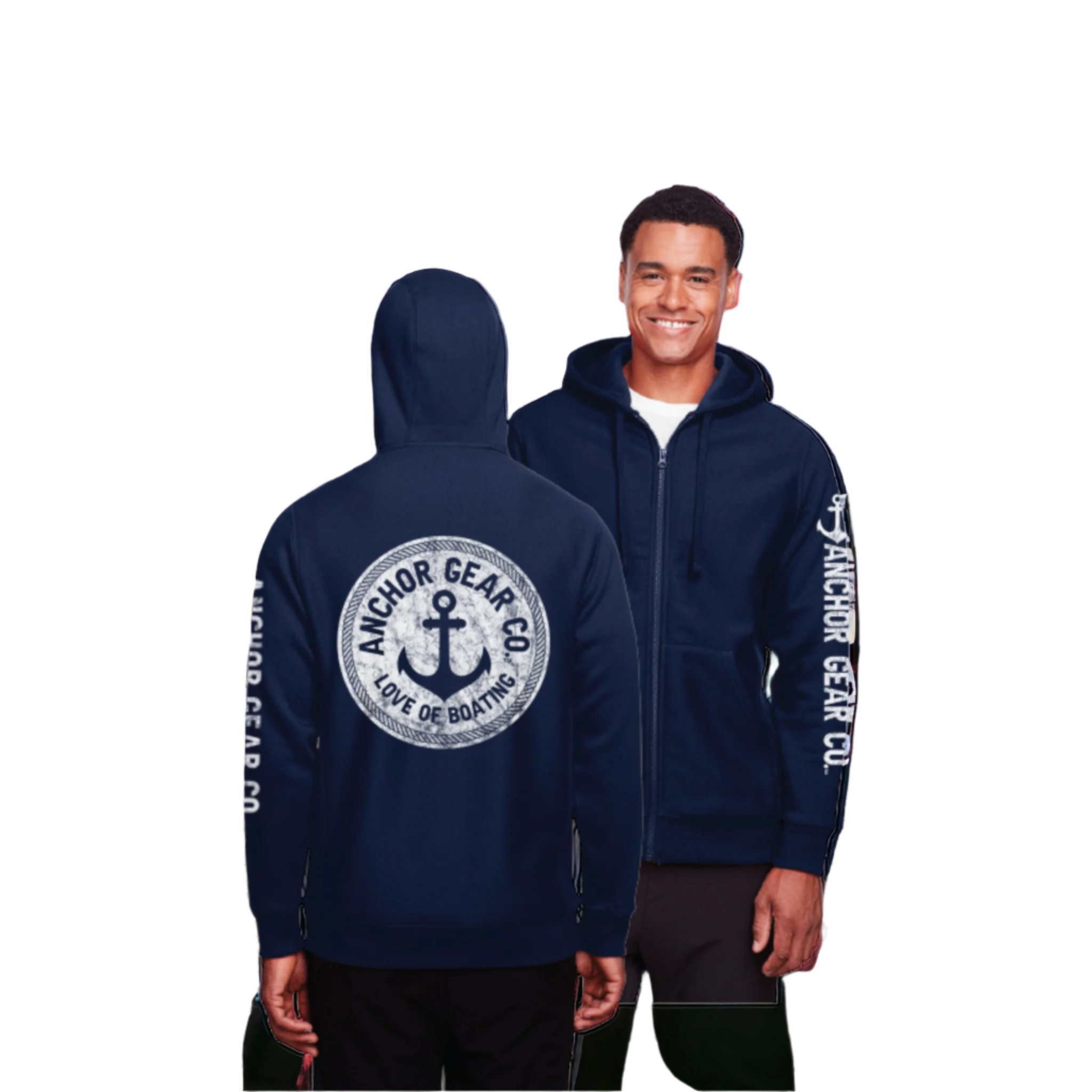 Person wearing a navy blue hoodie with 'Anchor Gear Co.' branding.
