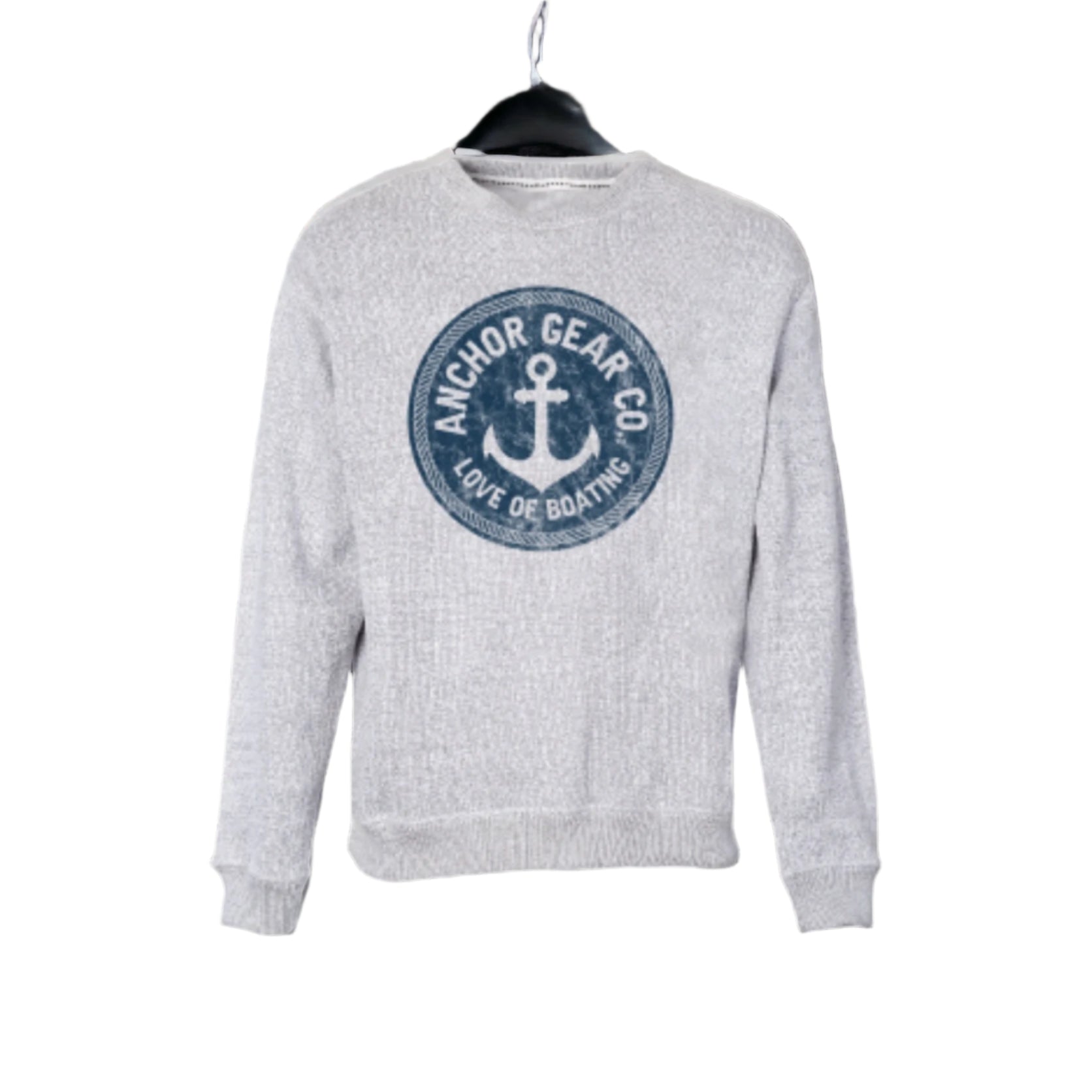 Grey sweatshirt with 'Anchor Gear Co.' logo on a hanger against a white background