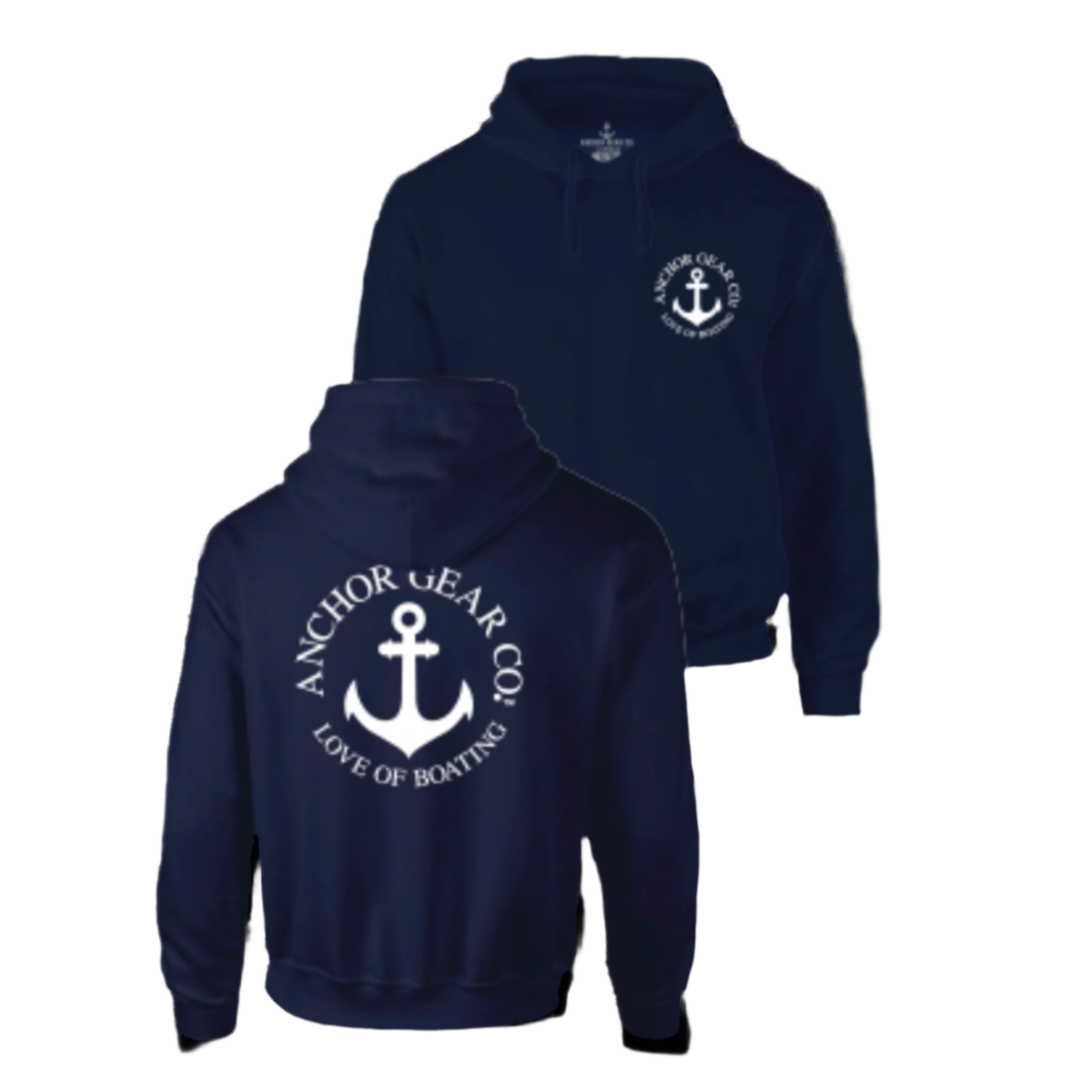 Navy blue hoodie with anchor logo on a wooden background