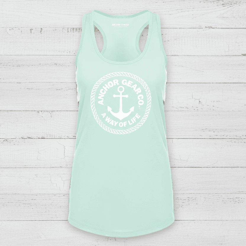 Mint green tank top with white anchor logo and text on a white background