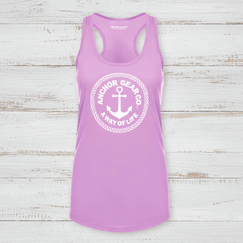 Purple tank top with white anchor logo and text on a white background