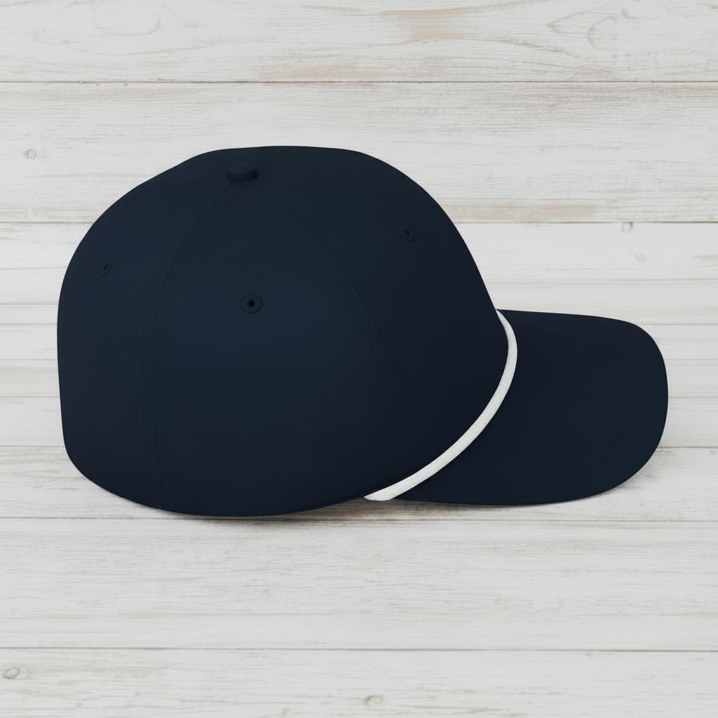 A dark navy blue baseball cap with a contrasting white stripe running along the edge of the brim, shown from a side profile view against a plain white background.