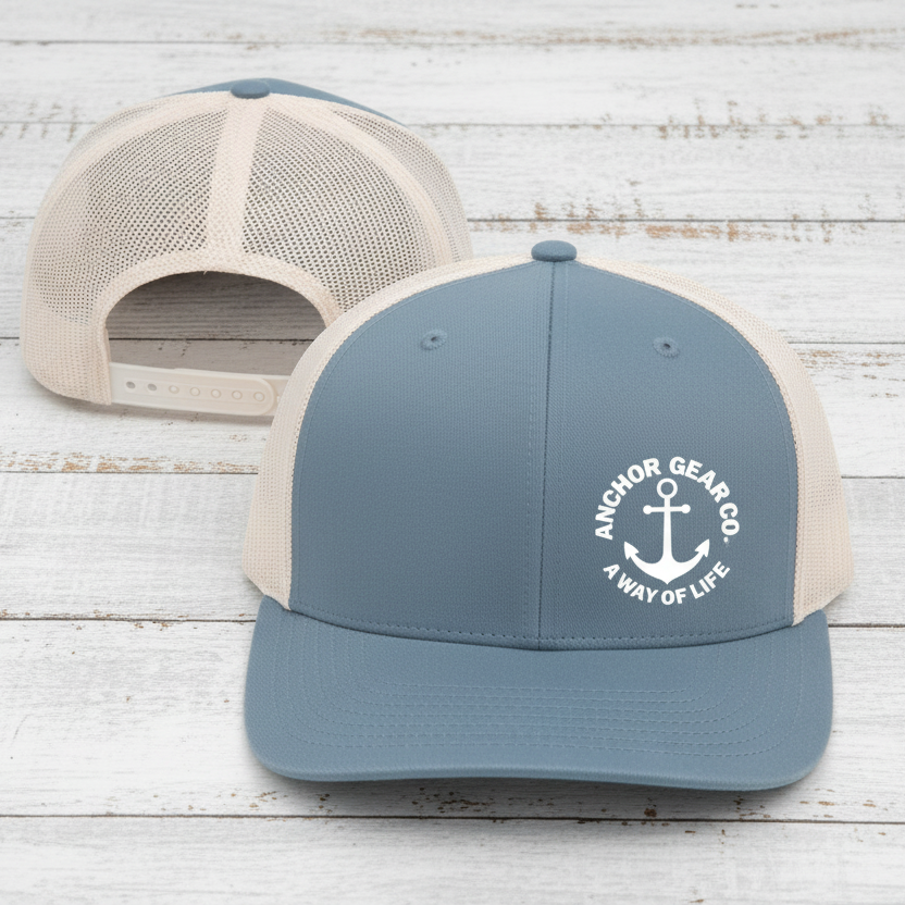 Gray and beige cap with 'Anchor Gear Co.' logo on a white background