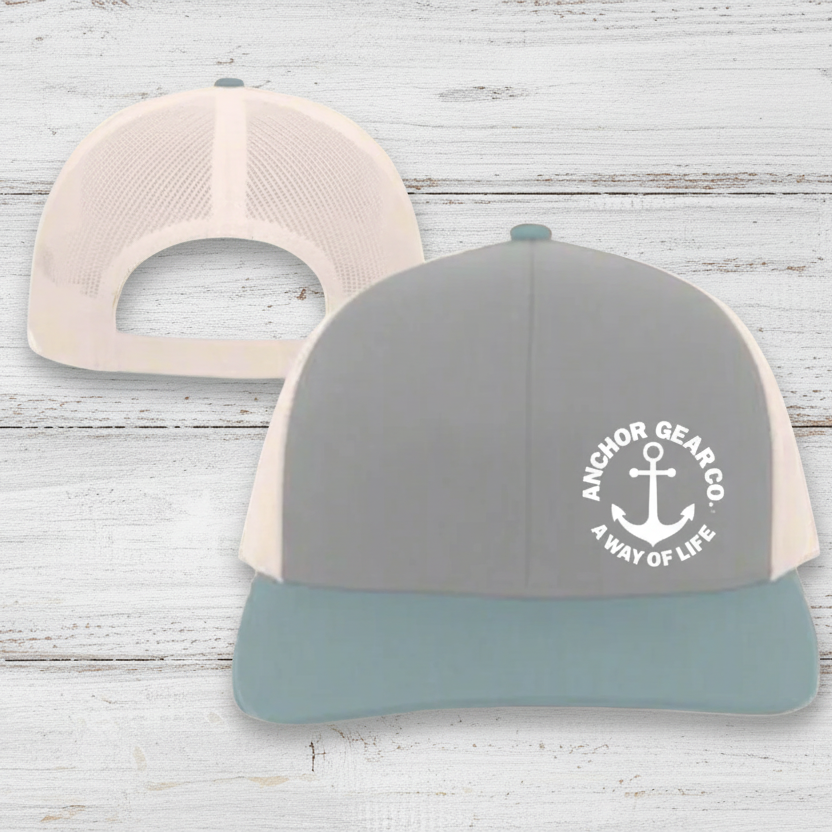 Gray and beige cap with 'Anchor Gear Co. A Way of Life' logo on a white background