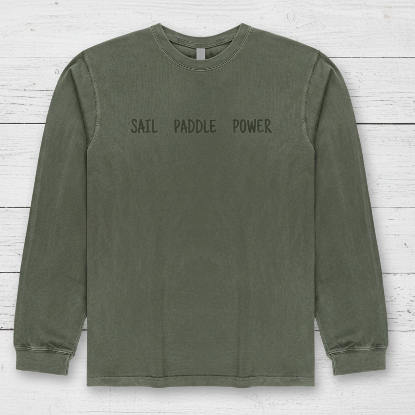 Green long-sleeve shirt with 'SAIL PADDLE POWER' text on a white background