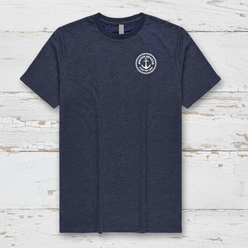 Navy blue t-shirt with a white logo on a white background