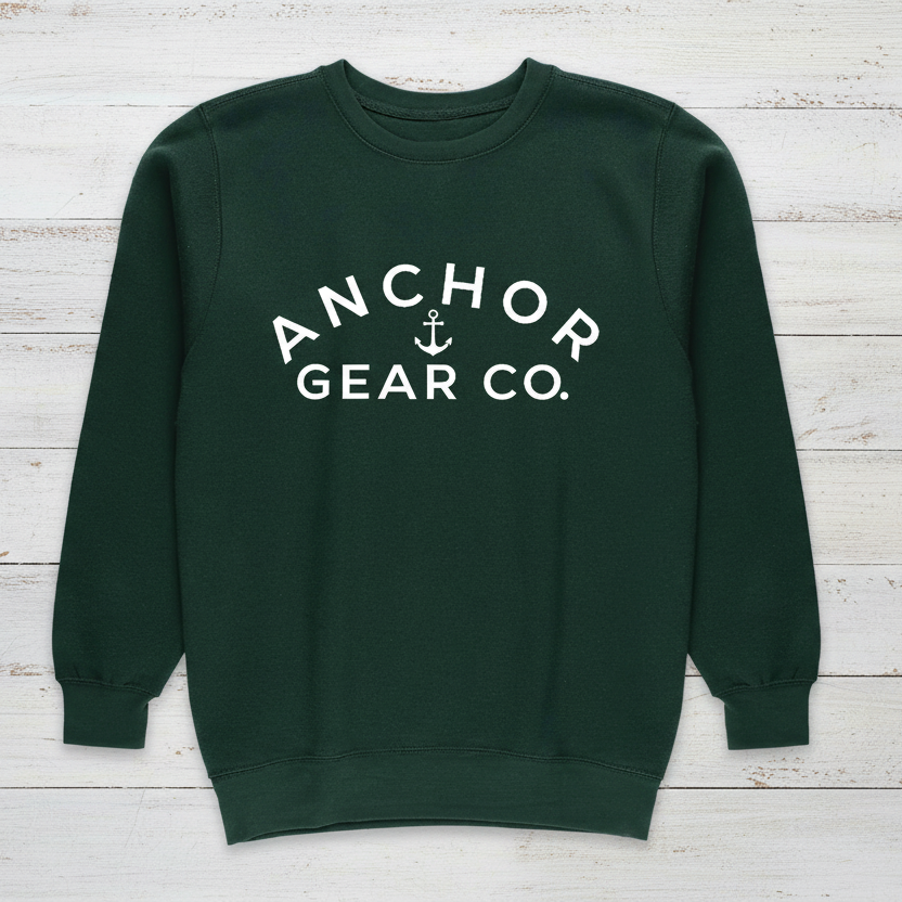 Green sweatshirt with 'Anchor Gear Co.' logo on a white background