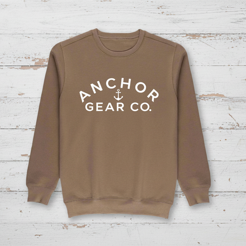 Brown sweatshirt with 'Anchor Gear Co.' logo on a white background