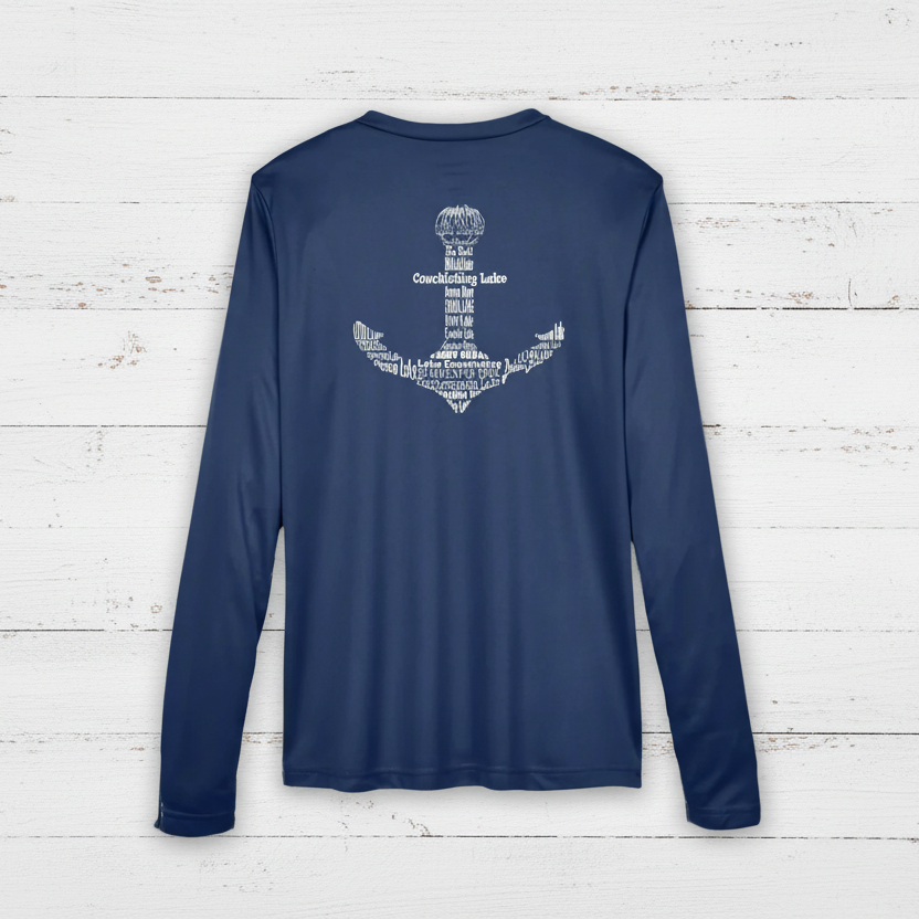 Navy long-sleeve shirt with a navy anchor logo on the left chest. The anchor design is formed by the names of lakes from Lake Ontario to Georgian Bay, wrapping around and inside the anchor shape.