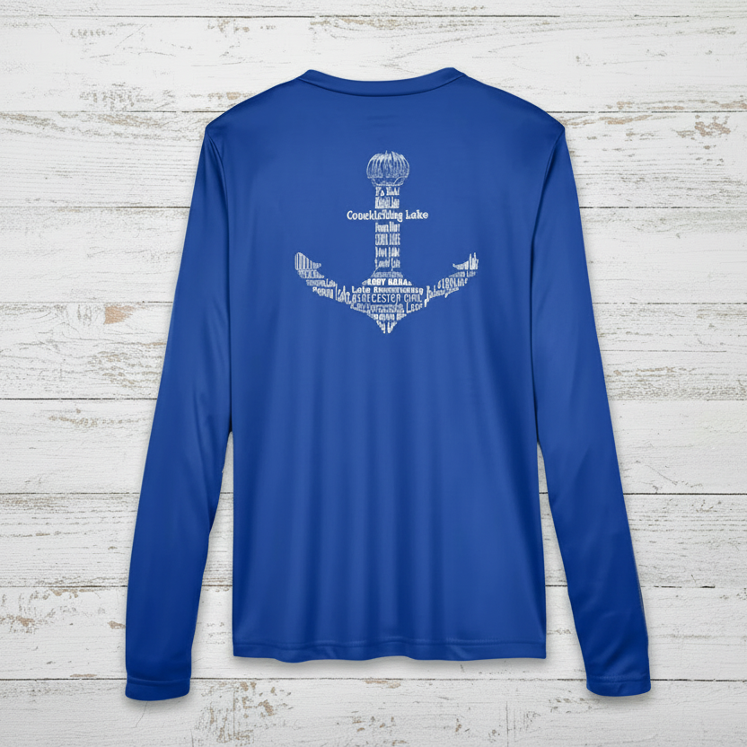 Royal blue long-sleeve shirt with a navy anchor logo on the left chest. The anchor design is formed by the names of lakes from Lake Ontario to Georgian Bay, wrapping around and inside the anchor shape.