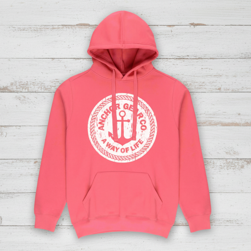 A pink hoodie featuring a central logo on the chest that contains an anchor and the text 'A Way of Life' surrounding a circular frame.