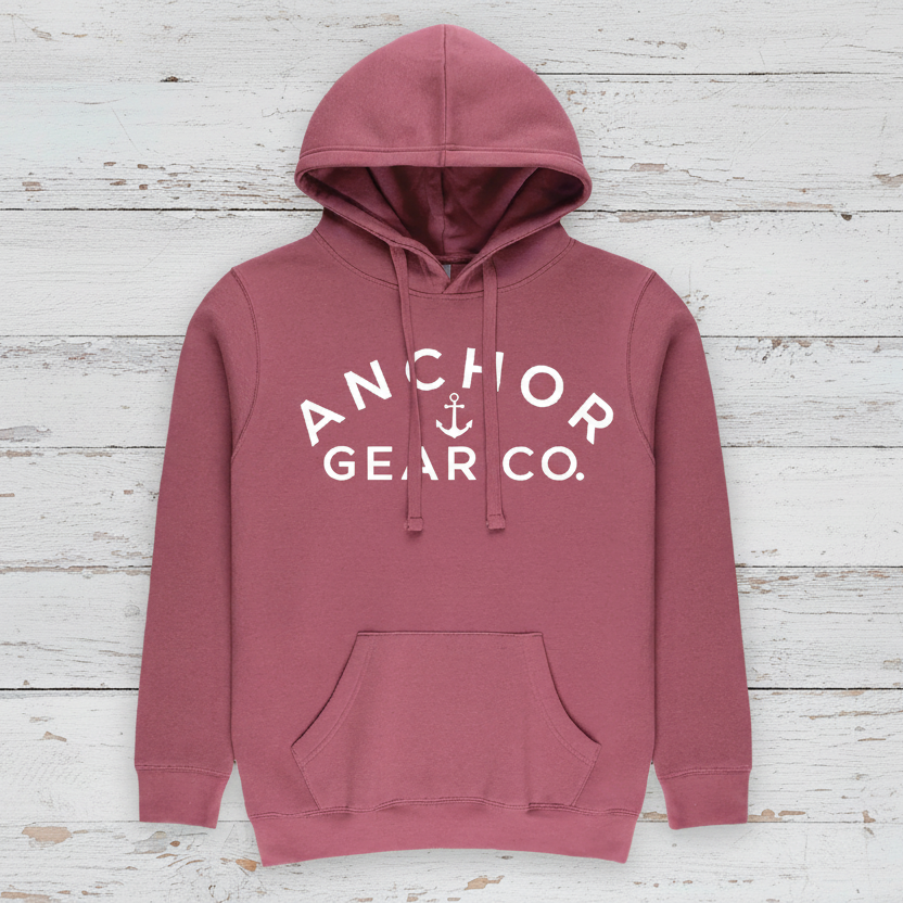 Maroon hoodie with 'Anchor Gear Co.' logo on a white background