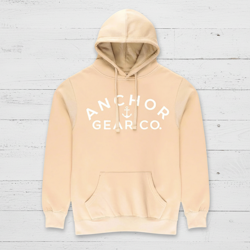 Beige hoodie with 'Anchor Gear Co.' logo on a white background