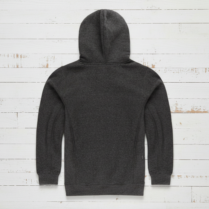 Sowing the back of a Charcoal grey hoodie, no design n the back.