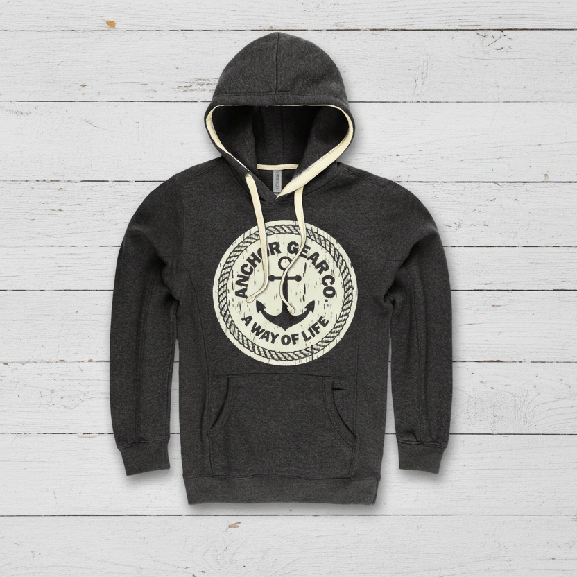 A gray hoodie with a hood, featuring a vintage anchor logo in a larger circle, with a smaller circle inside it containing the text 'A WAY OF LIFE'. The hoodie appears to have a front pocket with a cell phone pocket 