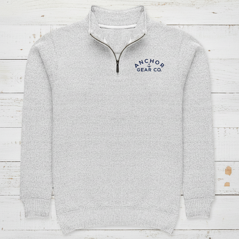 Gray sweater with 'Anchor Gear Co.' logo on a white background