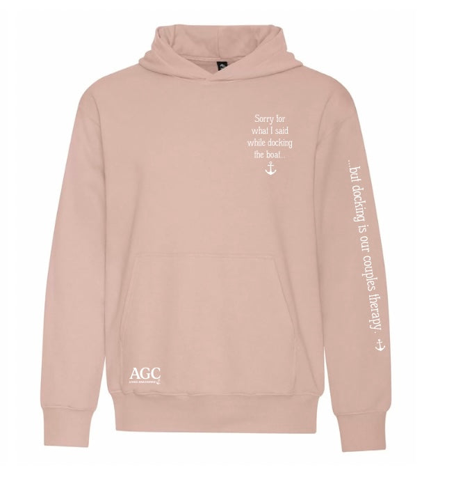 Beige hoodie with text on a white background