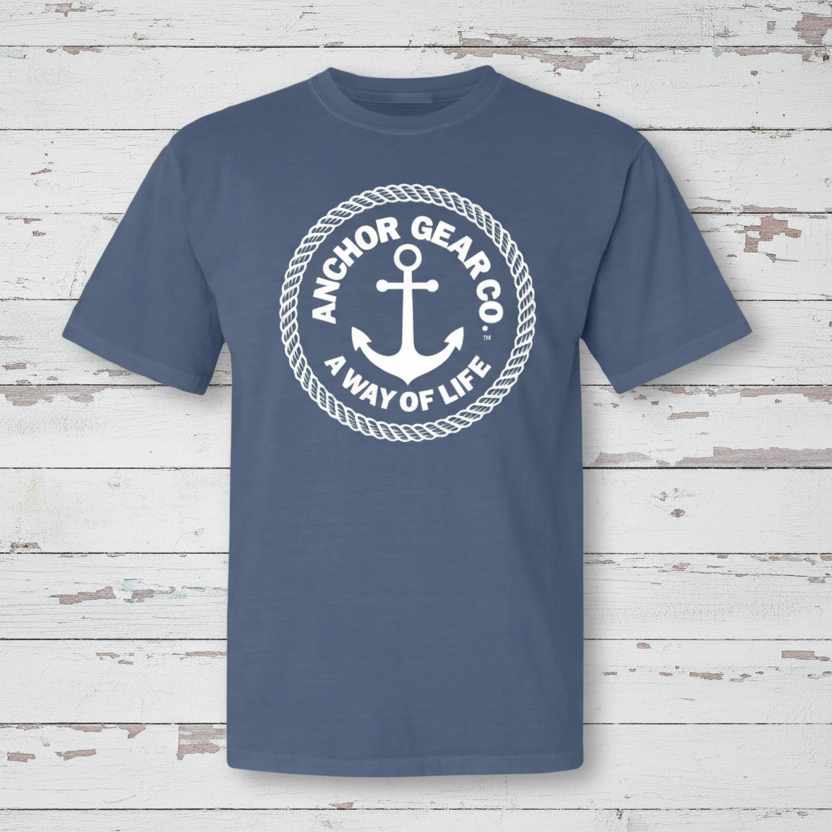 A blue crew neck t-shirt with the Anchor Gear Co. logo printed in the centre, displayed on a white background.