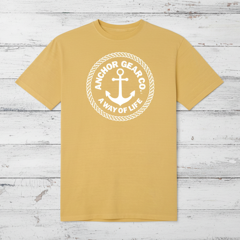 yellow T shirt with Large Anchor Gear logo
