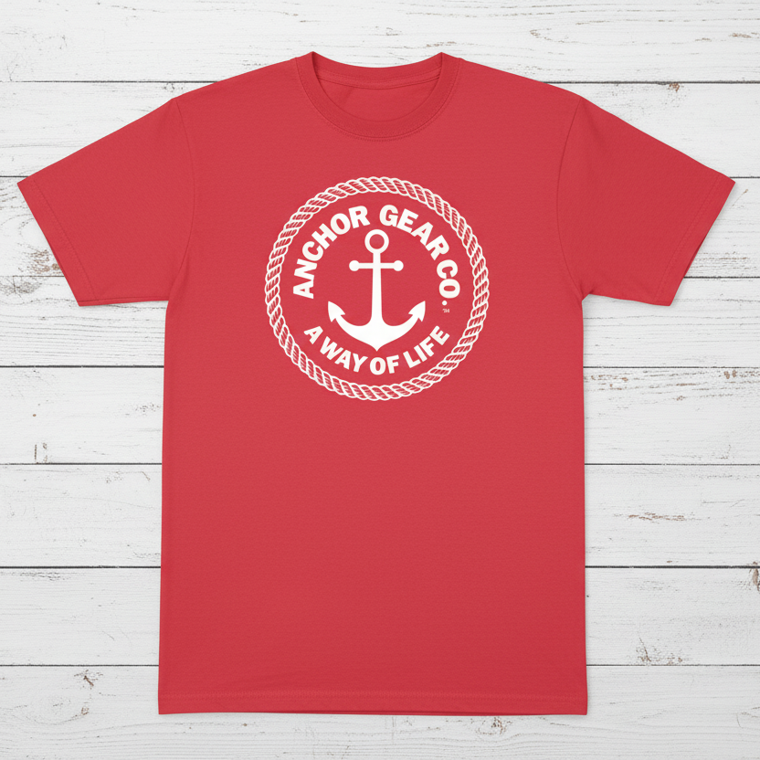 A watermelon colour crew neck t-shirt with the Anchor Gear Co. logo printed in the centre, displayed on white background