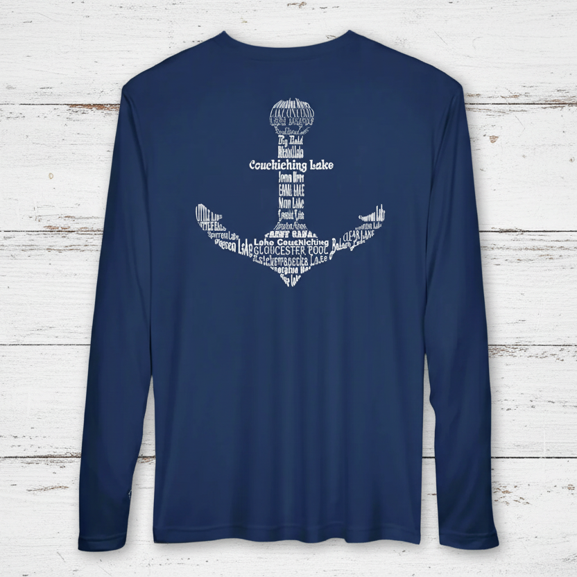 Nay performance shirt with an anchor on the back. The Anchor if formed by the names of the lakes from Lake Ontario to Georgian Bay.