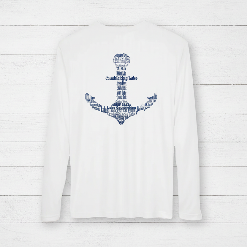 White long sleeve performance shirt with anchor on the back.  The anchor design is formed by the name of the lakes from Lake Ontario to Georgian Bay.