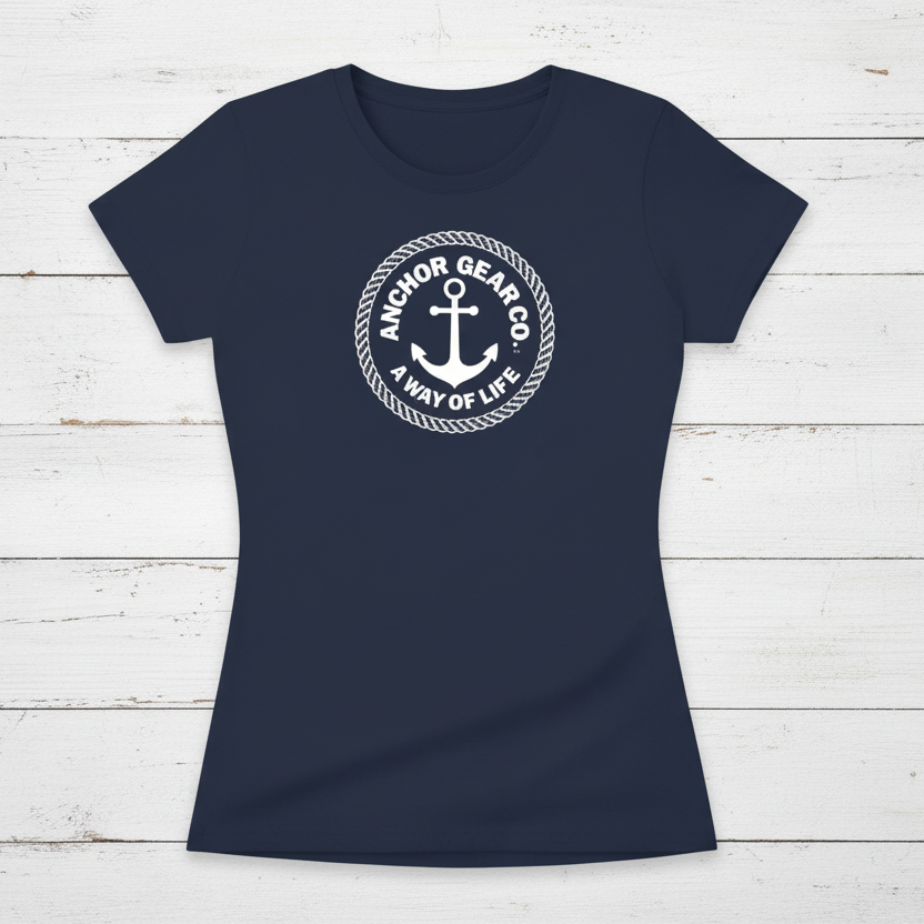 Navy blue t-shirt with white anchor graphic and text on a white background