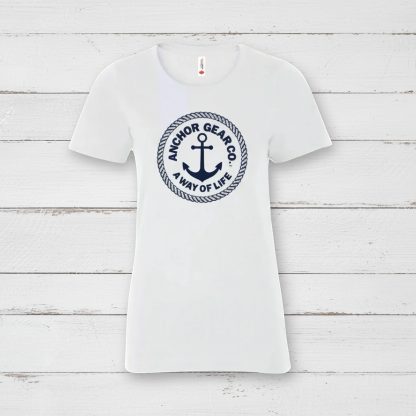 A white woman's t-shirt with the 'Anchor Gear Co. A Way of Life' logo printed on the front.