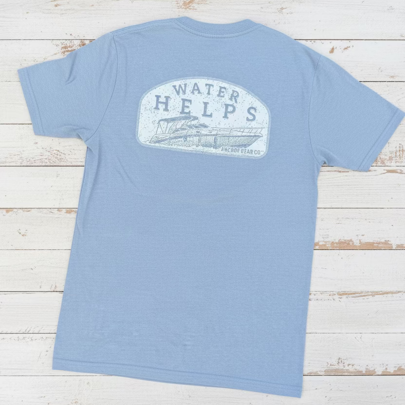 Light blue t-shirt with 'Water Helps' graphic on a white background