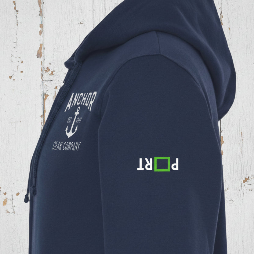 Navy blue hoodie with 'Anchor Gear Company' logo on sleeve and 'PORT' logo on chest.