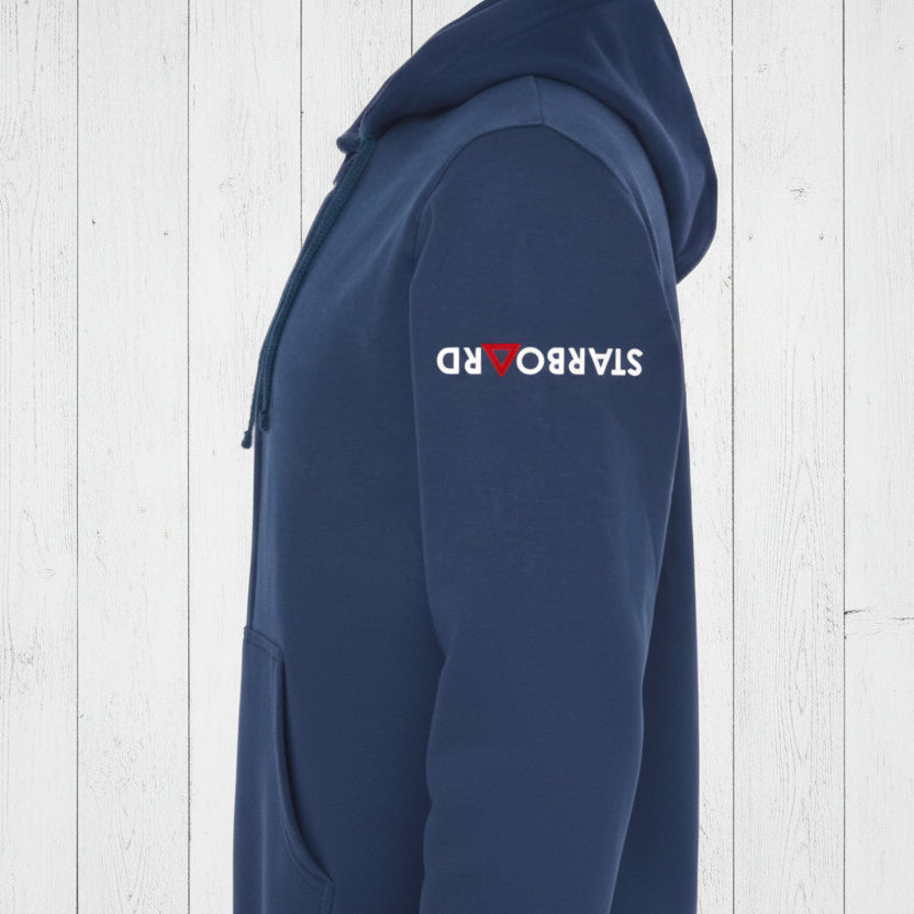 Navy blue hoodie with Starboard logo on a white background