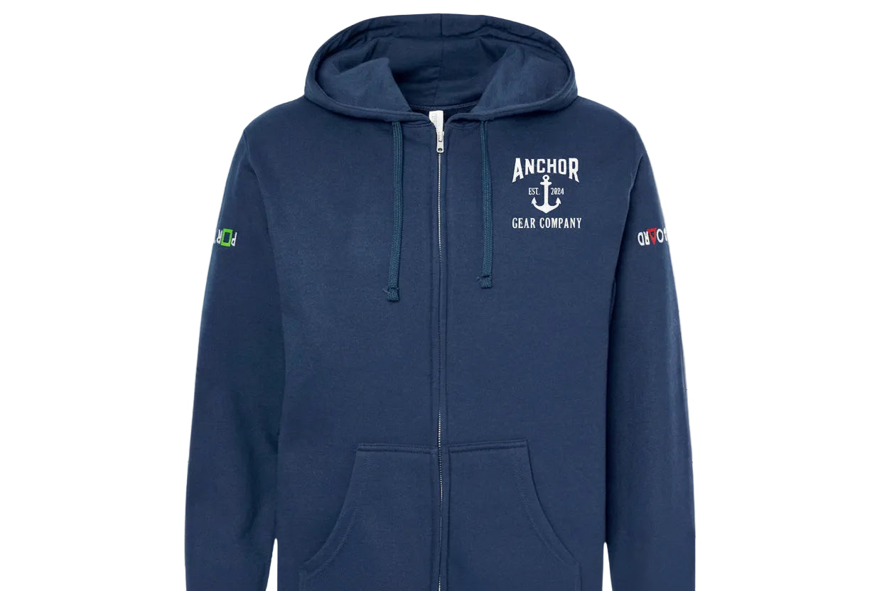 Navy blue hoodie with 'Anchor Gear Company' logo on a white background