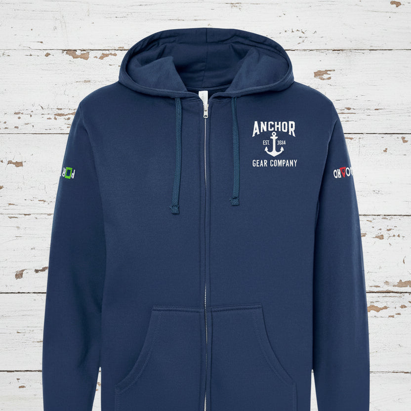 Navy blue hoodie with 'Anchor Gear Company' logo on a white background